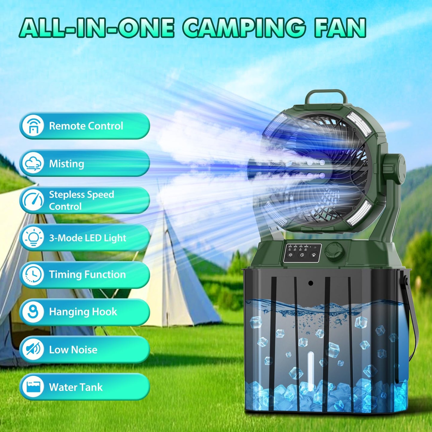 Wilody Portable Misting Fan Rechargeable with Remote Control, 6L Bucket Camping Fan with LED Lights & Stepless Speed Control & Cooling Mist, Portable Handle & Rotate Hook, Timer Function(Deep Green)