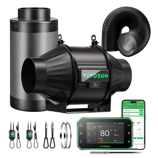 VIVOSUN Smart Air Filtration PRO T4 Kit 4", AeroZesh T4 Inline Duct Fan w/GrowHub E42A+ Temp. Humidity WiFi-Controller, Carbon Filter & Ducting Ventilation System for Grow Tent, Hydroponics