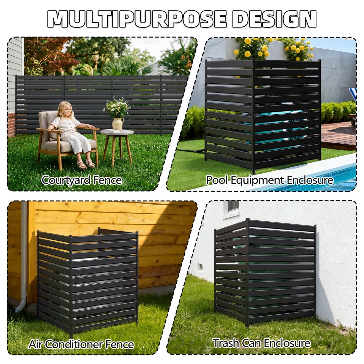48" H×38" W（2 Panels） No Dig Metal Privacy Fence Panels for Air Conditioner Units, Can Also Hide The Pool Equipment, Black Outdoor Rustproof Trash Cans Privacy Screen