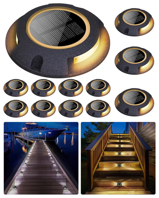 FabStyl Solar Deck Dock Walkway Decorative Lights Outdoor Waterproof 12 Pack, 2 Colors in 1 Double-Sided LED Solar Driveway Lights for Road Marker Stair Pathway Patio Yard, Black