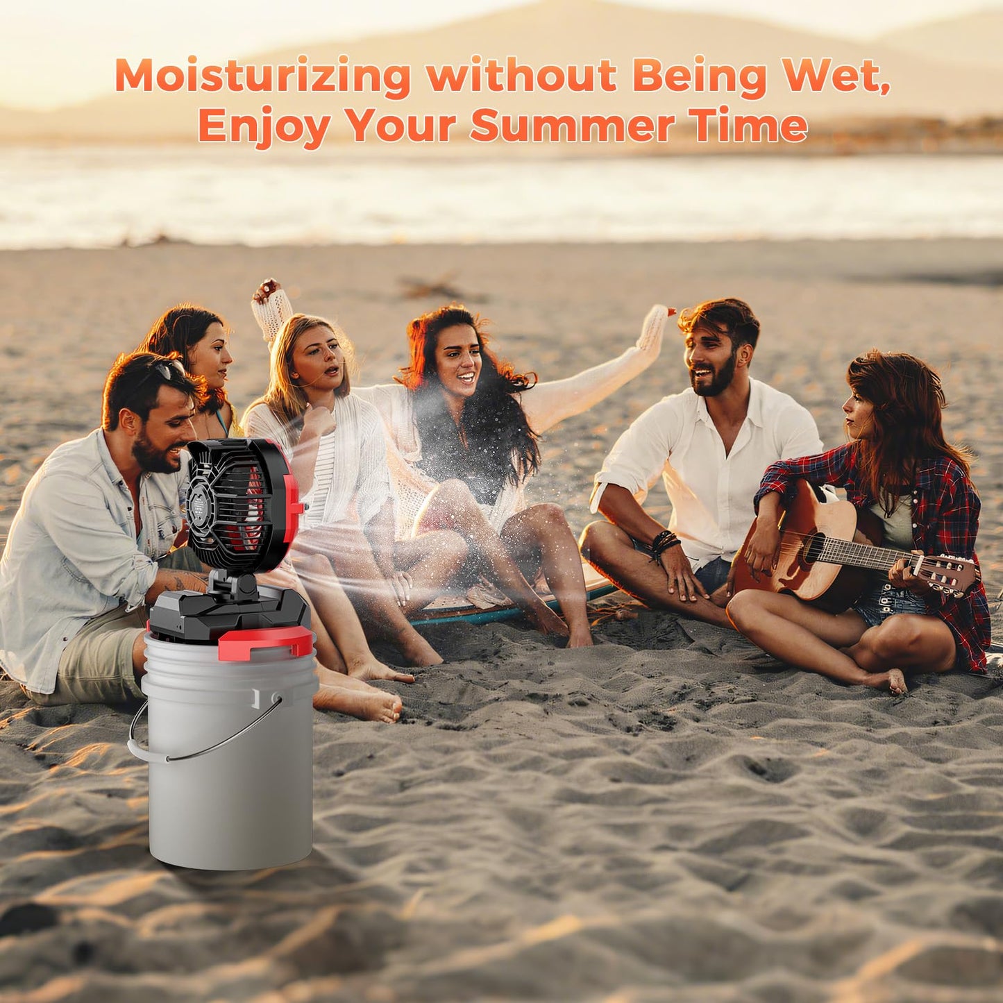 Portable Misting Fan, 30000mAh Rechargeable Battery Powered Floor Cooling Fan with 4 Strong Winds, 4 Spray Mister, Adjustable Base for 10-13in Bucket for Camping, Beach, Patio (No Bucket)- Red