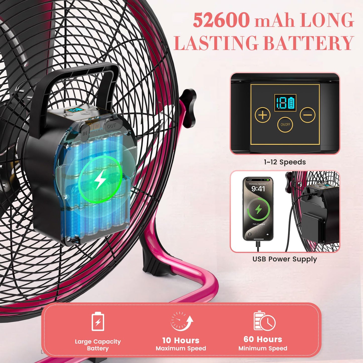 Micosong 18” Portable Battery Operated Fan, Rechargeable Cordless Camping Fan Outdoor, USB Output, 360° Tilt, 10~60h Runtime, Quiet, Wireless, Metal Blade, For Travel Gazebo Home Garage Gym RV Barn