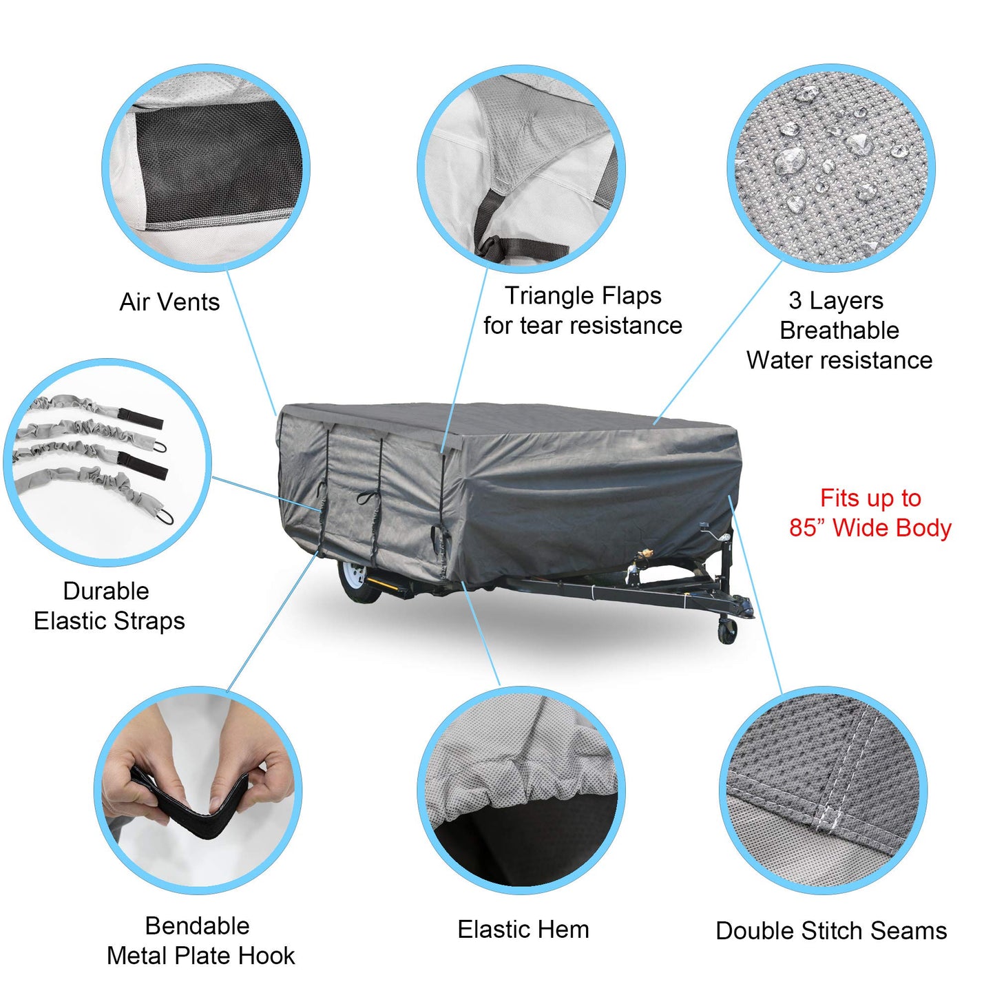 GEARFLAG Pop-up Folding Camper Cover Fits 18'-22' with Reinforced Windproof Side-Straps Anti-UV Water-Resistance Heavy Duty Triple Layers for Trailer RV (Fits 18' - 22')