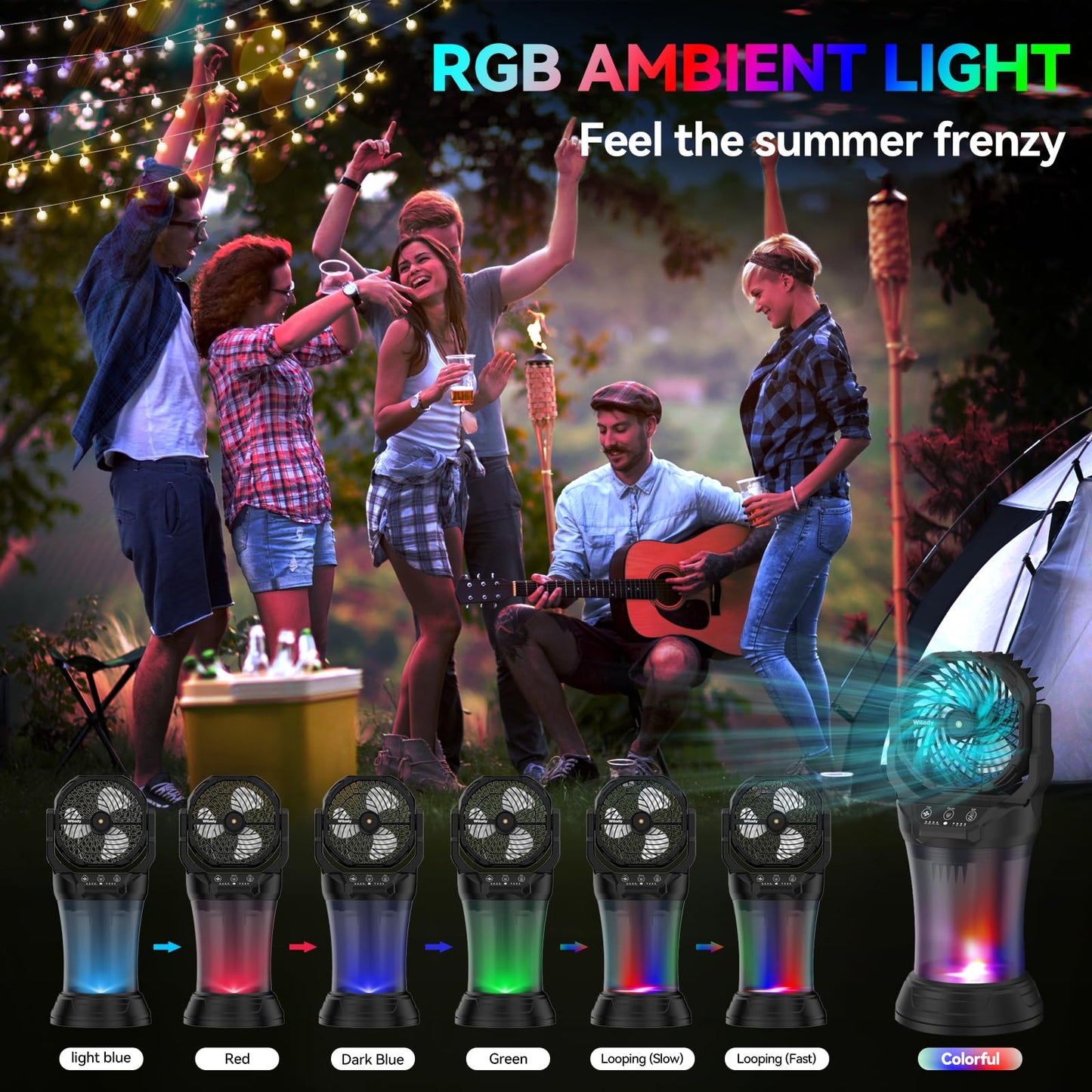 Wilody Misting Fan Portable Camping Fan Battery Powered with Remote Control, RGB Ambient Light with 2L Bucket, Battery Indicator, 120° Auto Oscillating, Timing Function, Grip Handle(Black)