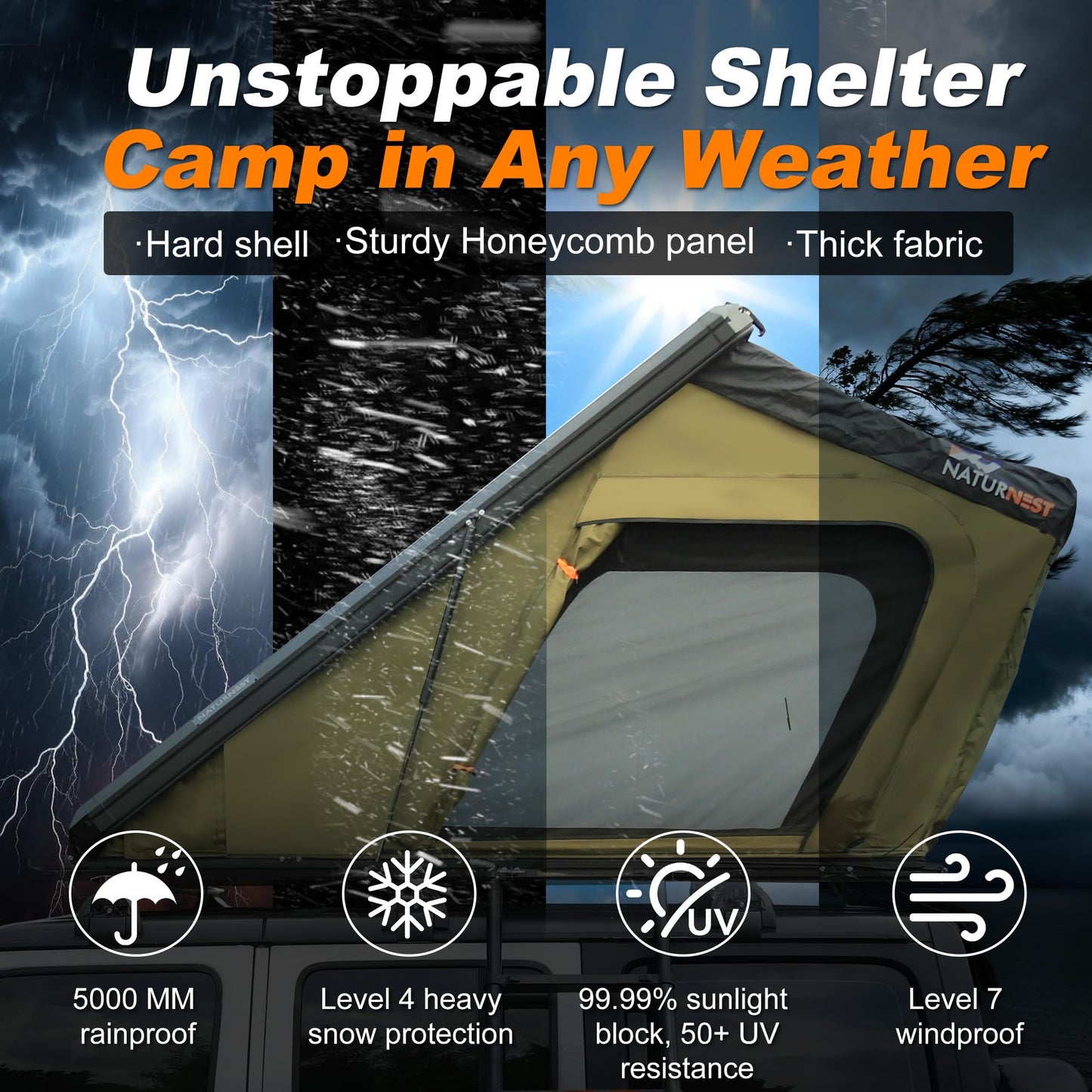 Naturnest Rooftop Tent Hard Shell, Easy Set Up Pop Up Tent for 2 Person Camping, Waterproof UV-Resistant Blackout Privacy 4 Season Tent for Truck, Jeep, SUV, Van, Trailer - Polaris 2