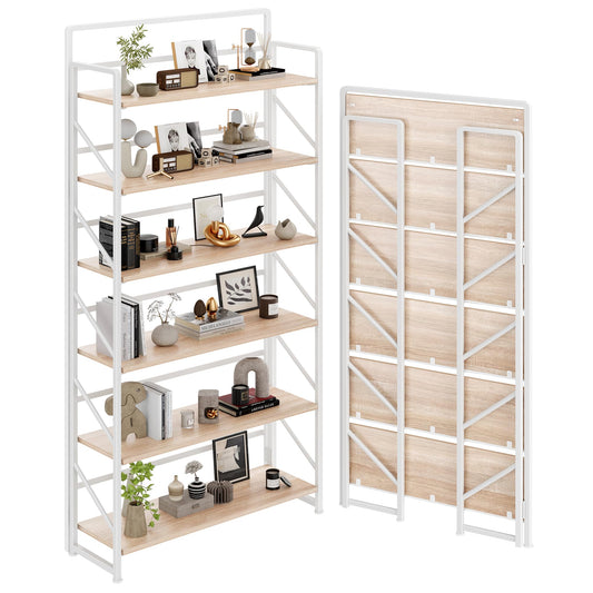 JSB Folding Bookshelf,Industrial Storage Shelves, No Assembly Vintage Wood Look Bookshelf with Storage Shelves for Living Room, Bedroom, Office (White, Wide 6-Tier)