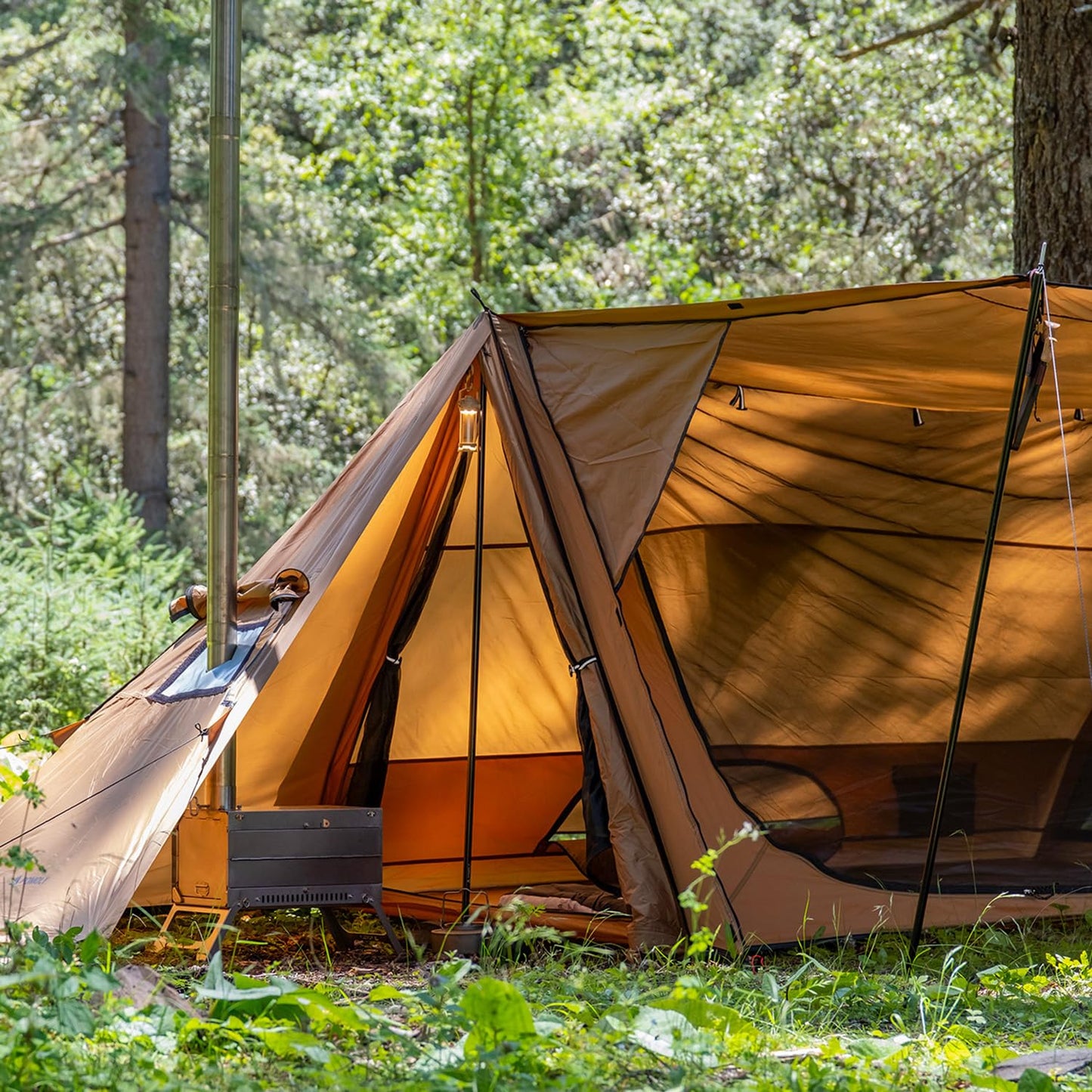 POMOLY Camping Hot Tent Bushcraft Tents, STOVEHUT 70 3.0 Shelter with 2 Tarp Poles and 2 Tent Poles for 1-2 Person Hiking, Backpacking (with a Fireproof Ground Sheet)