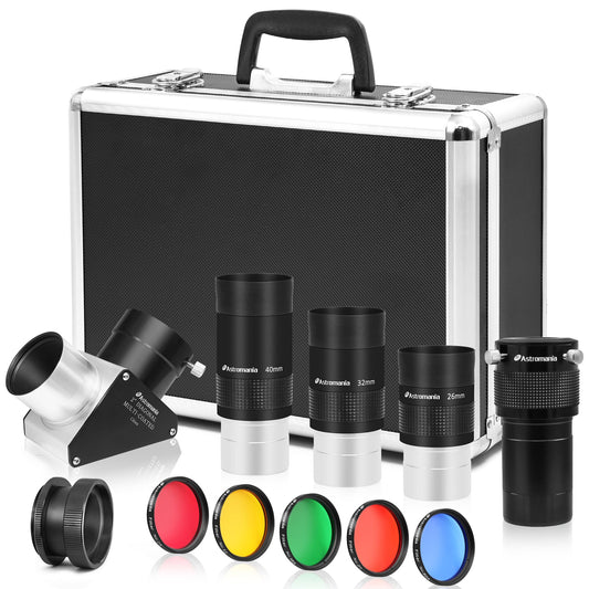 Astromania Telescope Accessory Set 12 Piece, 2 Inch Eyepiece and Filter Accessory Kit, 3pcs Kellner Telescope Eyepieces, 5pcs Colored Filters, Barlow Lens 2X ED, 2 Inch Diagonals & Sturdy Carry Case