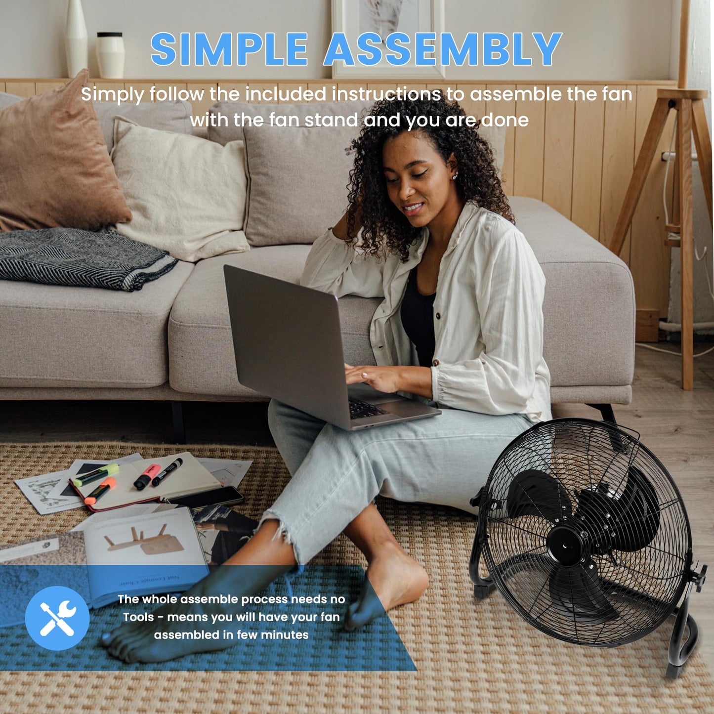 Simple Deluxe 12 Inch Battery Operated Floor Fan, Rechargeable Powered High Velocity Fan with Metal Blade, Portable Cordless Floor Fan for Outdoor, Camping, Travel