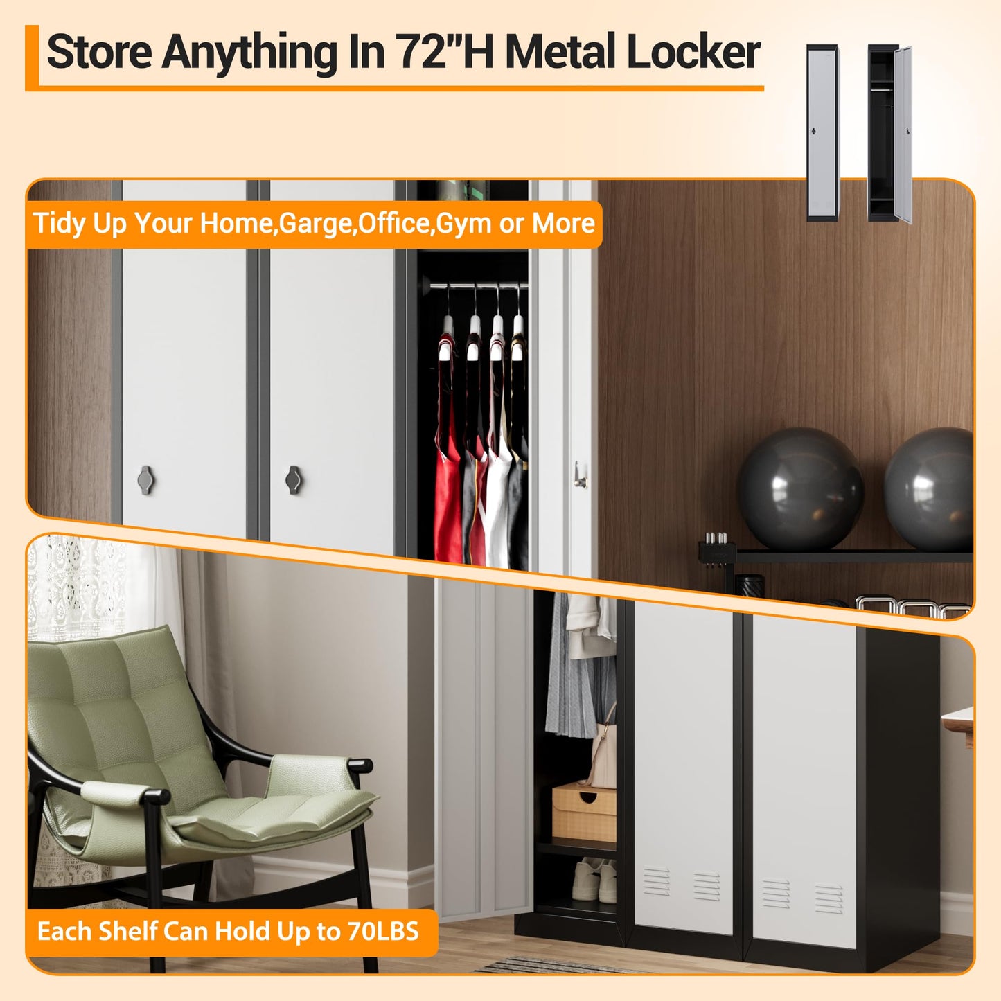 GAOMON 1 Door Tall Metal Locker with Key Employee Metal Locker, Lockable Heavy Duty Steel Employee Locker for Schools, Gyms, Homes, Offices, Utility Rooms, Grey and Black