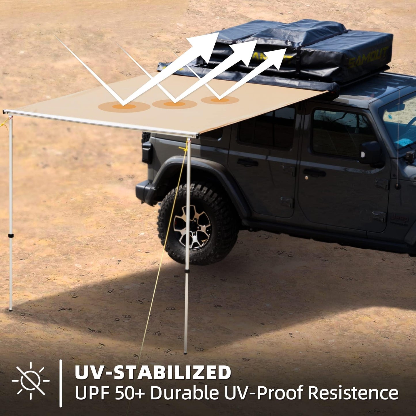 SAMOUT Vehicle Awning, 6.6ft x 10ft, Rooftop Pullout Ripstop UPF50+ Side Awning, Reinforced Hinges & Poles for Jeep/SUV/Truck/Van