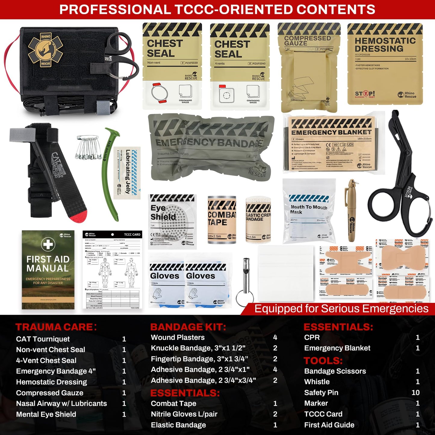 RHINO RESCUE Car Tactical IFAK Trauma Kit with C-A-T Tourniquet, First Aid Kits for Vehicles, Molle Pouch for Military, Combat, Car, Van, ATV