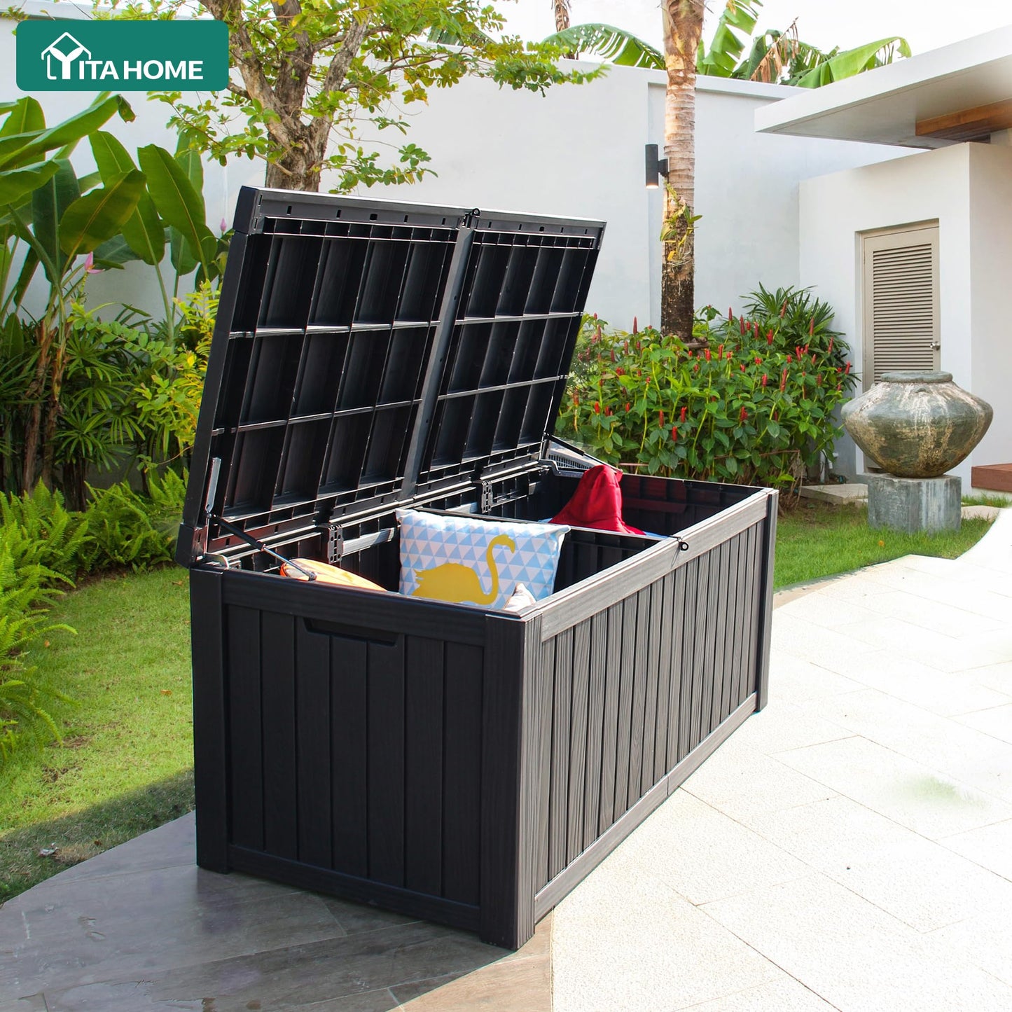 YITAHOME 180 Gallon Large Outdoor Storage XL Deck Box w/Divider for Patio Furniture,Outdoor Cushions, Garden Tools, Sports Equipment and Pool Supplies, Waterproof, Resin, Lockable, Black