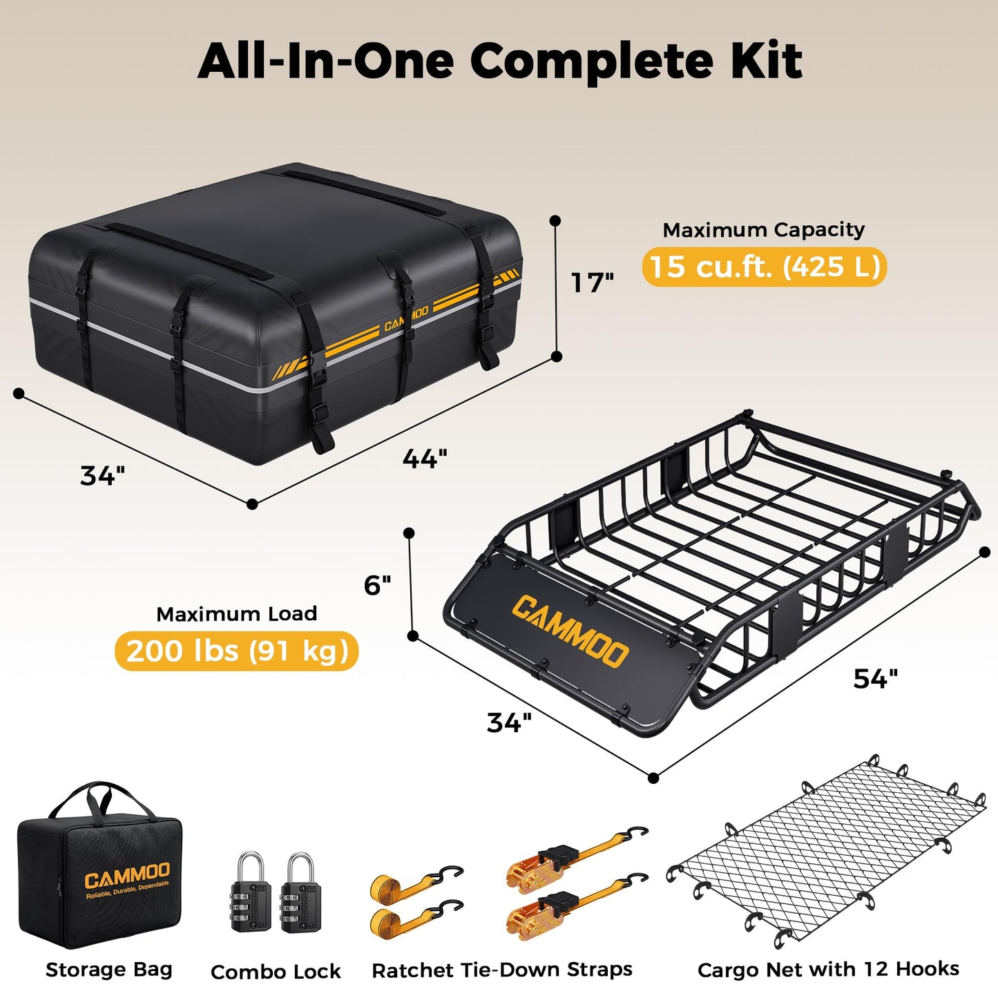 CAMMOO 54"x34" Roof Rack Basket, Removable Fairing & Support Bars for Kayaks/Long Gear, 15 Cu.Ft Waterproof Soft Bag+Lock+Net+Strap–200Lbs Capacity Rooftop Cargo Carrier for SUV Truck Camping