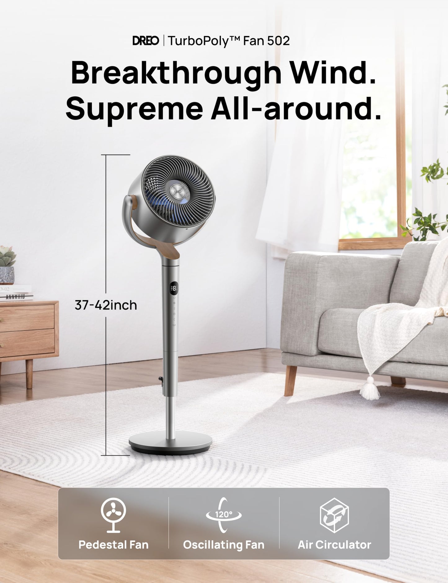 DREO Fan for Bedroom, 120°+120°Omni-directional Oscillating Fan, 90ft, DC Motor, 20 dB Quiet Standing Pedestal Fans, 8 Speeds, 3 Modes Circulator with Remote, 35-40" Adjustable Height, 8H Timer