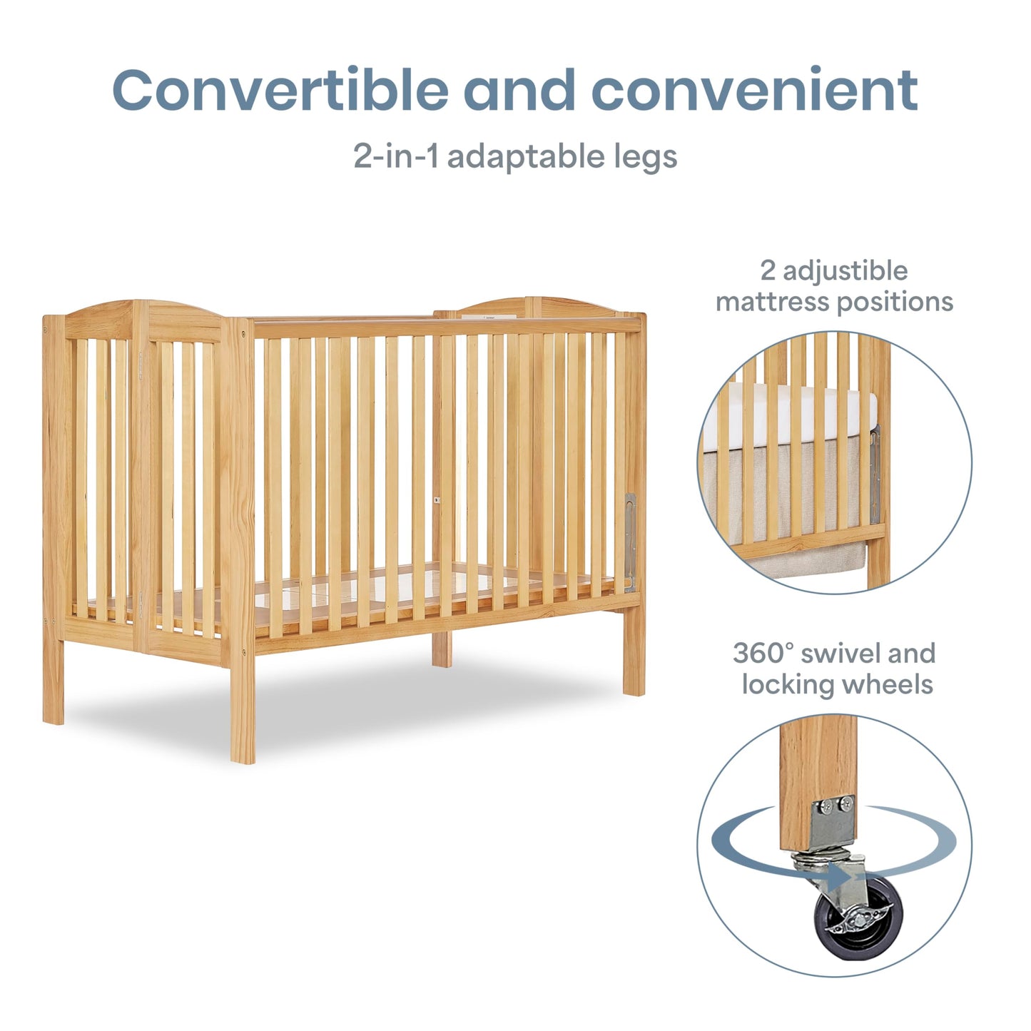 Dream On Me Folding Full Size Convenience Baby Crib with Durable Metal Wheels, Portable Space-Saving Design, 2 Adjustable Heights, Easy Fold Flat Storage, GREENGUARD Gold & BSA Certified, Natural