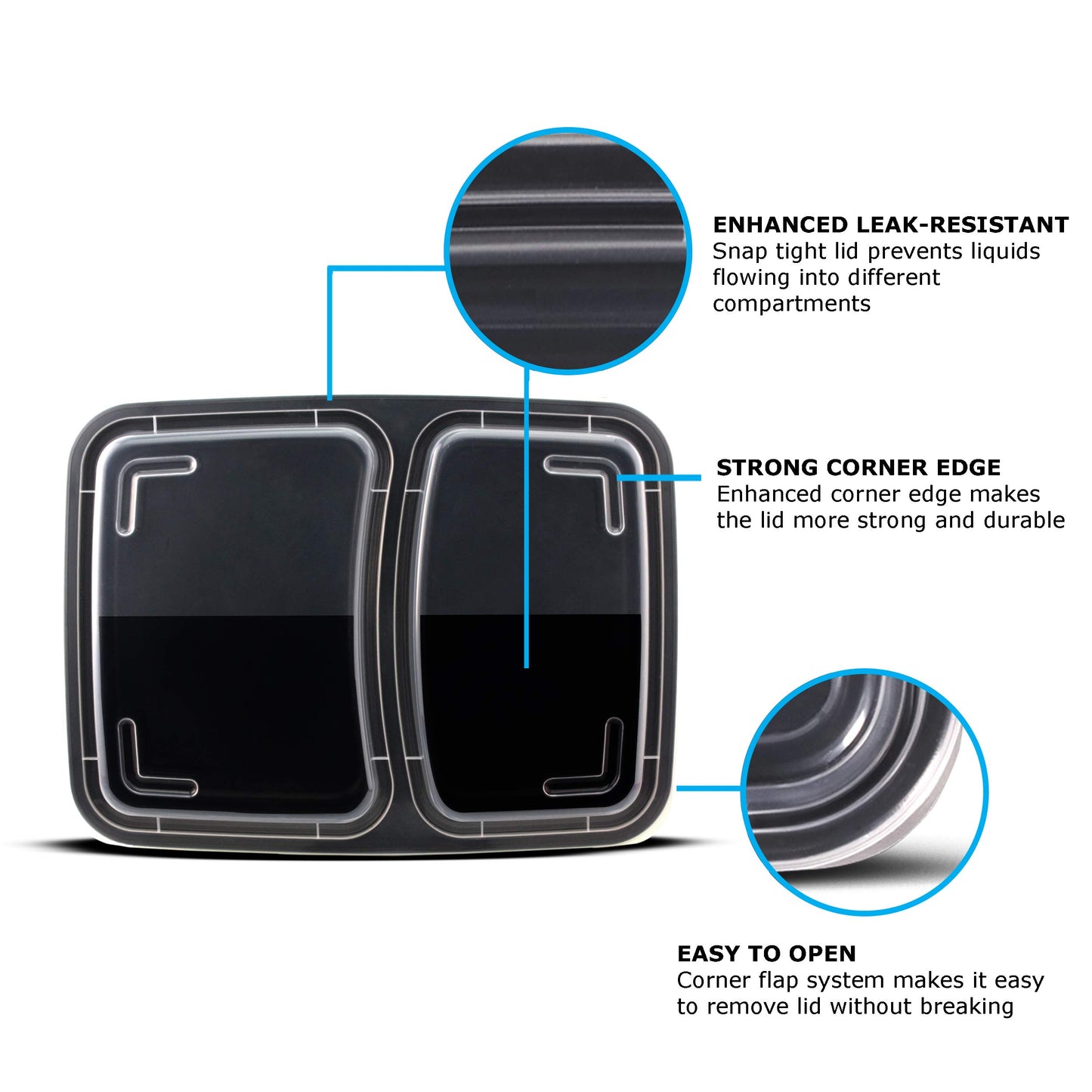 Freshware Meal Prep Containers 3 Compartment with Lids, Food Containers, Lunch Box, Stackable, Bento Box, Microwave/Dishwasher Safe & Meal Prep Containers 2 Compartment, Black