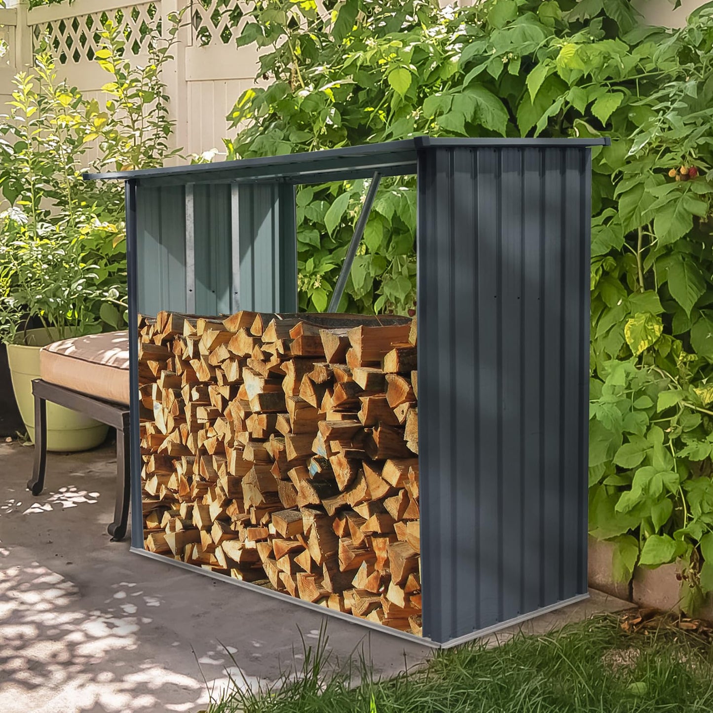 Ball & Cast 85.5" Outdoor Steel Firewood Rack Metal Storage Shed with Middle Stiffener and Reinforced Base,Multi-Functional Waterproof Cabinet W/Roof,for Equipment Machines,Black