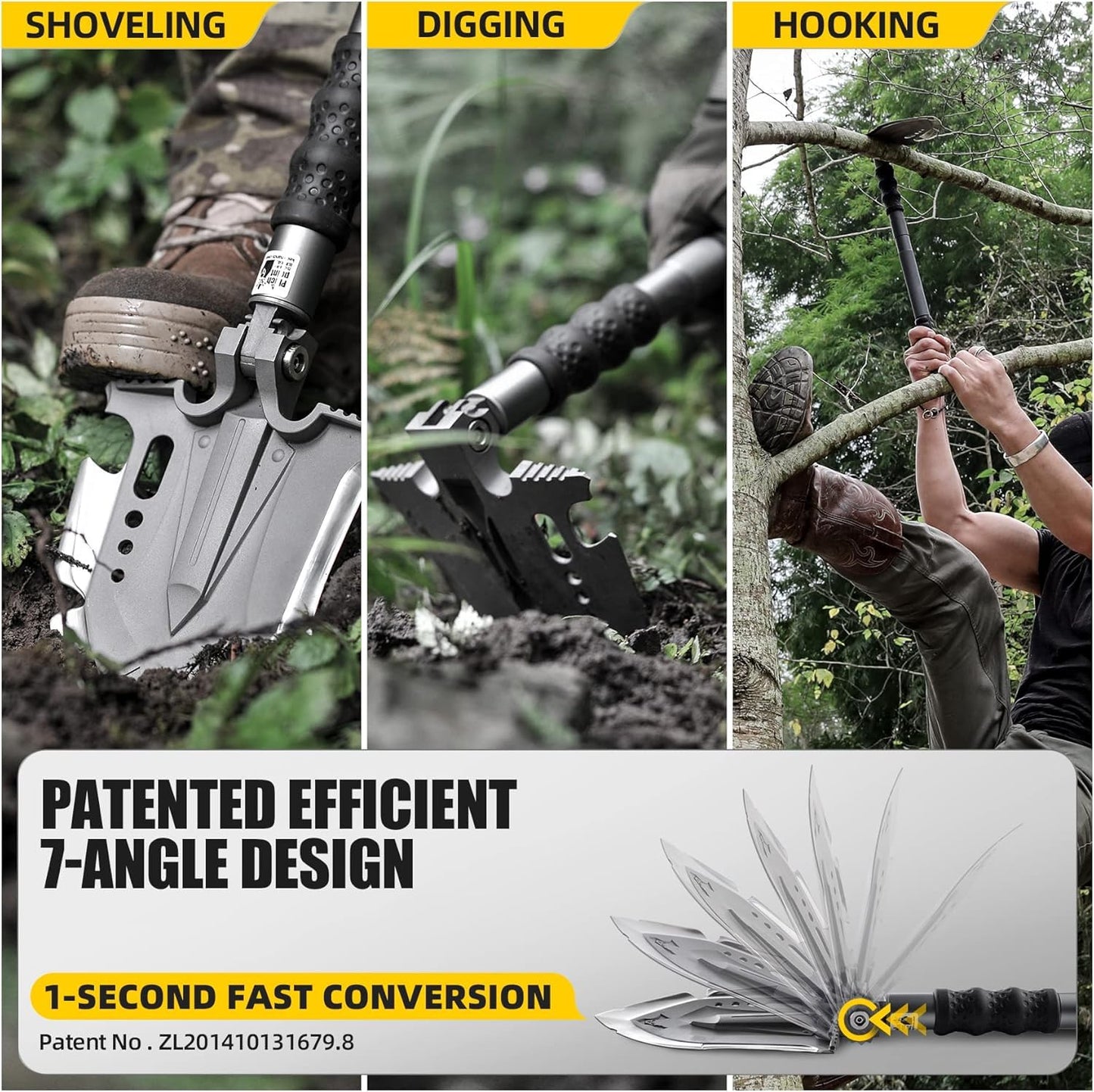 Zune Lotoo Survival Shovel Multitool 28 in 1 Luxury Kit, Tactical Camping Folding Shovel, Unbreakable Martensitic Steel Adjustable 7 Angles 24-35.4'' Length, Compact Gear for Outdoor Hiking Emergency