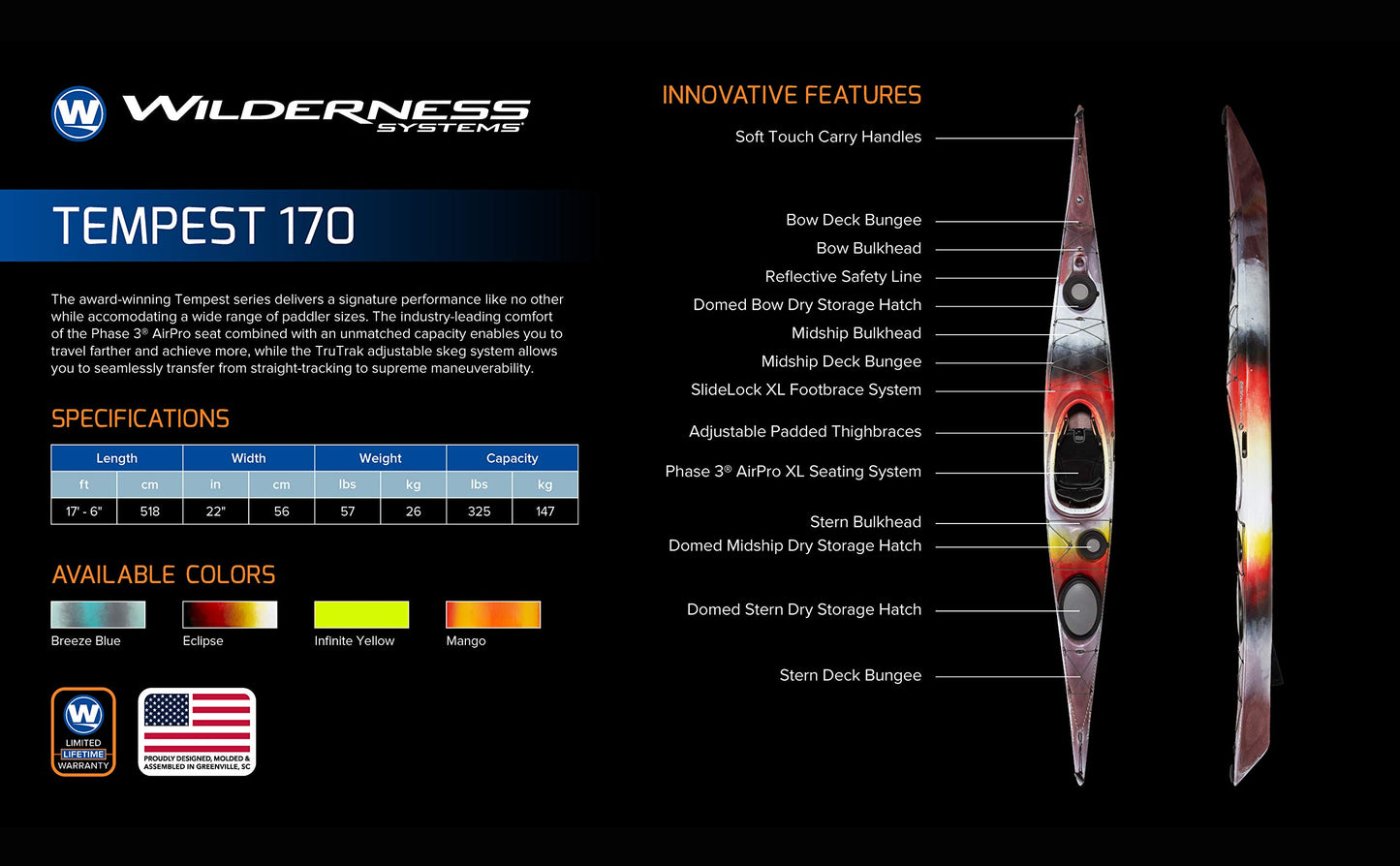 Wilderness Systems Tempest 170 | Sit Inside Touring Kayak | Adjustable Skeg - Phase 3 Air Pro Seating | 17' | Breeze Blue