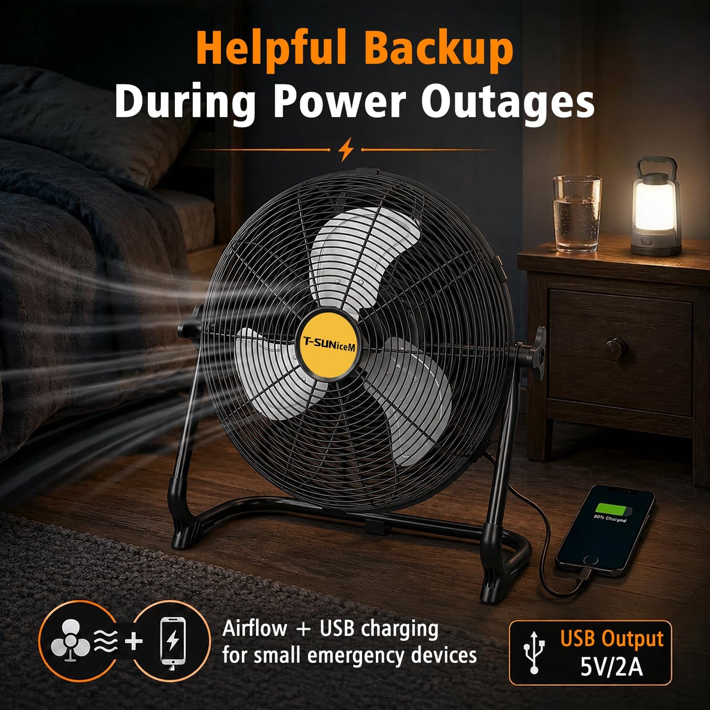 T-SUNiceM 12" Solar Powered Fan for Tent Camping, RV Trips & Patio, Rechargeable Cordless Floor Fan with Solar Panel, USB Output for Bedside Backup, Porch, Greenhouse, Chicken Coop