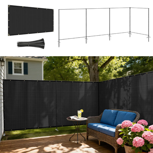 Windscreen4less Outdoor Privacy Fence Screen, 6'x24' Freestanding Privacy Fencing Set with Iron Poles and Ground Spikes, UV Resistant Mesh Cover Garden Pet Fencing for Backyard Patio Pool, Black