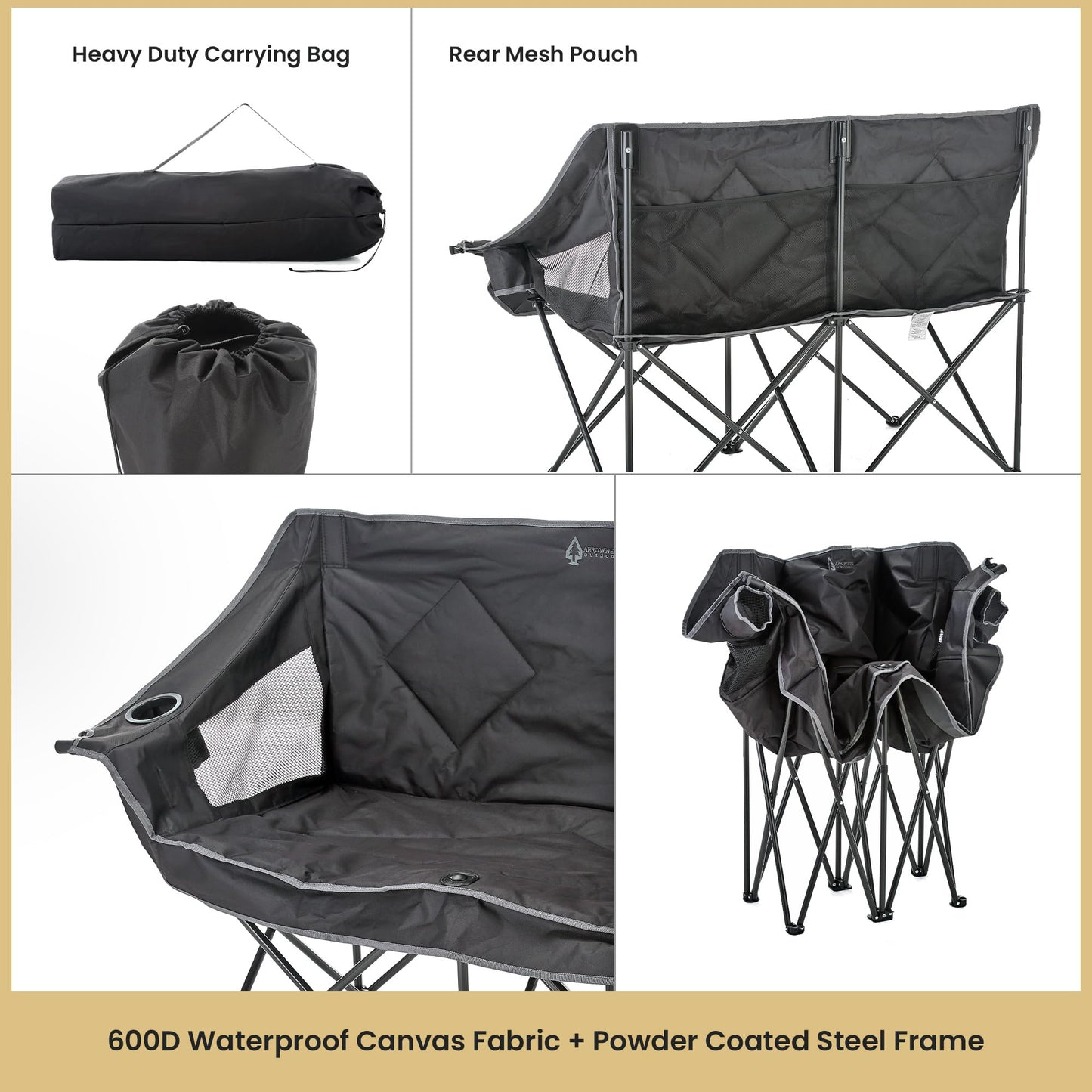 ARROWHEAD OUTDOOR 2-Pack Portable Folding Camp Loveseat Chair w/Glass & Cup Holders, Heavy Duty Carry Bag, 650 lbs Weight Capacity