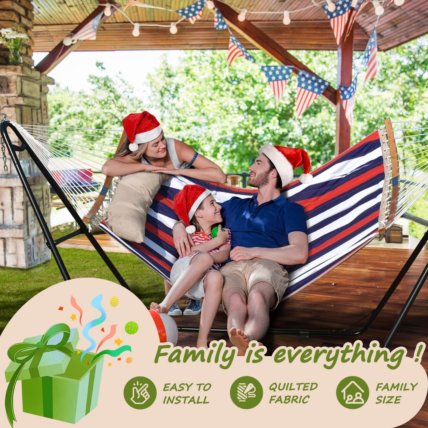 Double Hammock, 11 FT Quilted Fabric 2 Person Hammock for Outside with Pillow, Folding Curved Spreader Bar, Chains, Carrying Bag, Indoor Outdoor, 450 IB Capacity, Trinidad Red