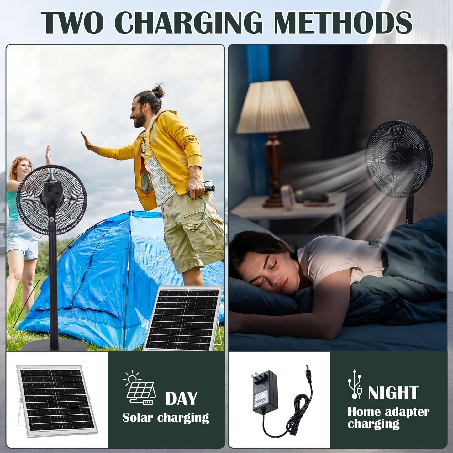 Grinsvalley 16 inch Solar Oscillating Standing Fan with Solar Panel, Portable Rechargeable Mobile Floor Fans, 14400mah Battery, Two Charging Methods, 4 Speeds, for Bedroom Study or Outdoor(Black)