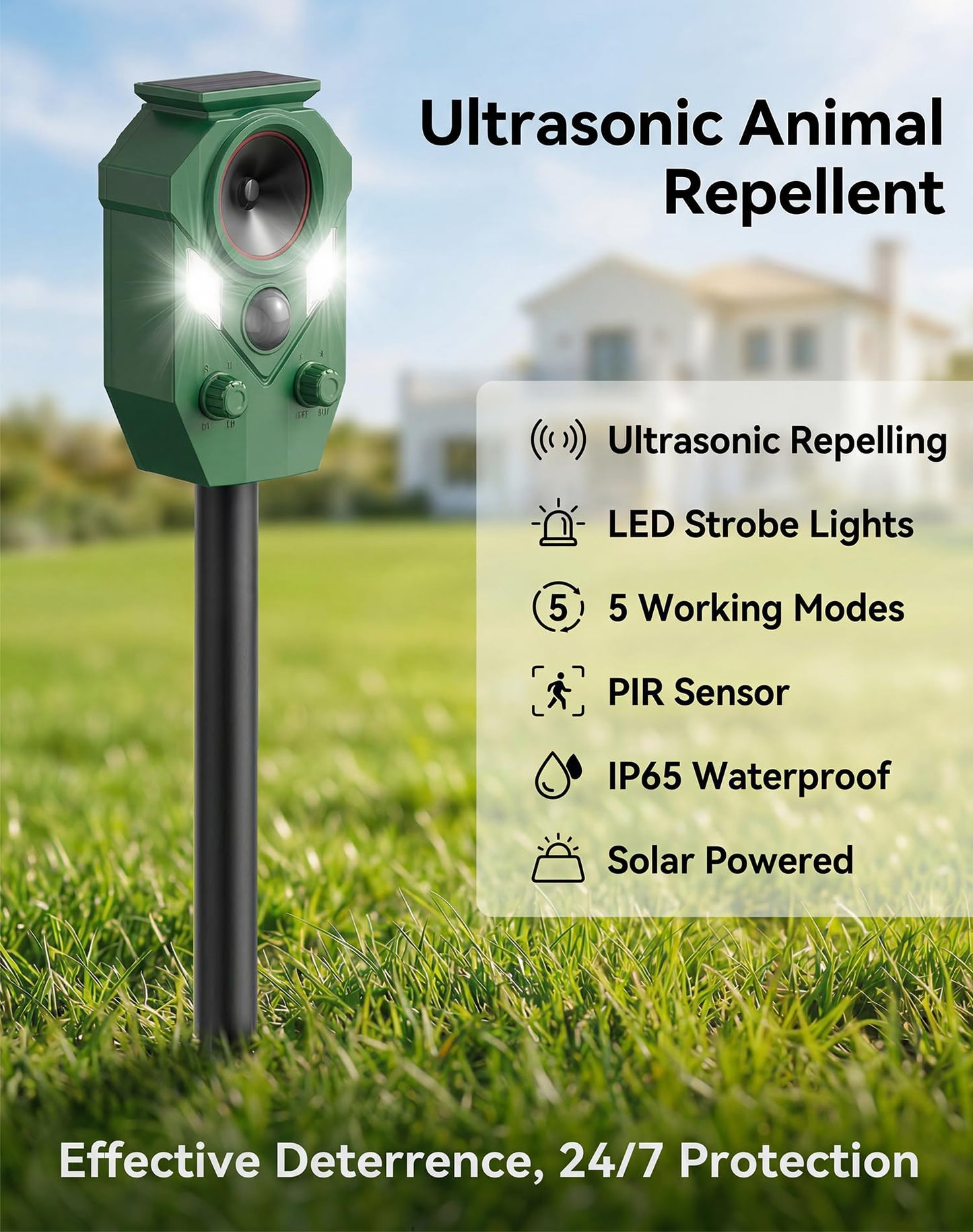 4 Pack Solar Deer Repellent Devices with Motion Sensor & LED Lights, Waterproof Cat Repellent Outdoor, Ultrasonic Animal Repeller Repels Dog, Raccoon, Skunk, Coyote for Garden, Yard & Lawn