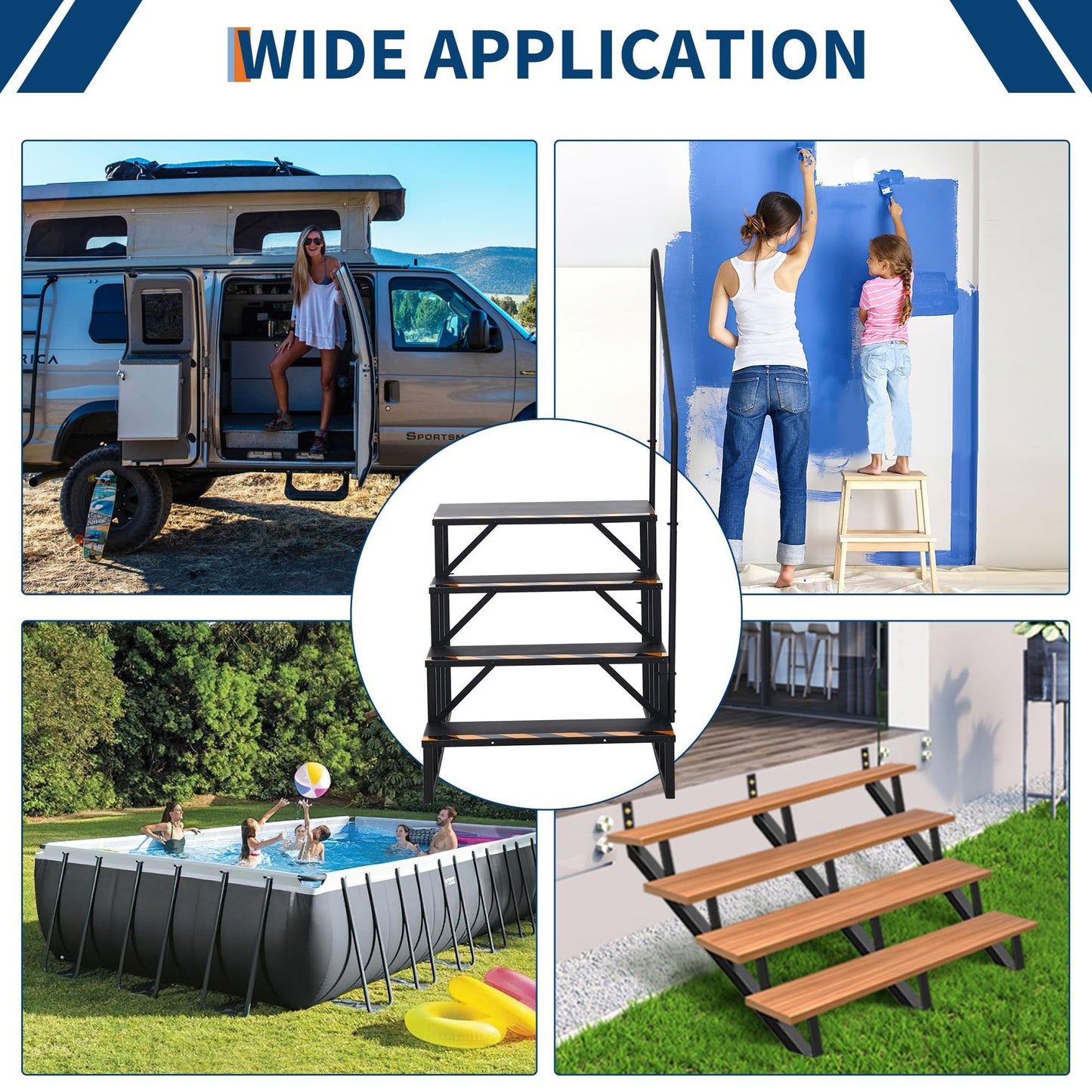BouPower RV Steps with Handrail, 4 Steps RV Stairs w/Handrail, Wide Platform Steps for Hot Tub, Camper, Mobile Home & Porch, Safe Access for Elderly, Kids & Pets, Indoor/Outdoor Use