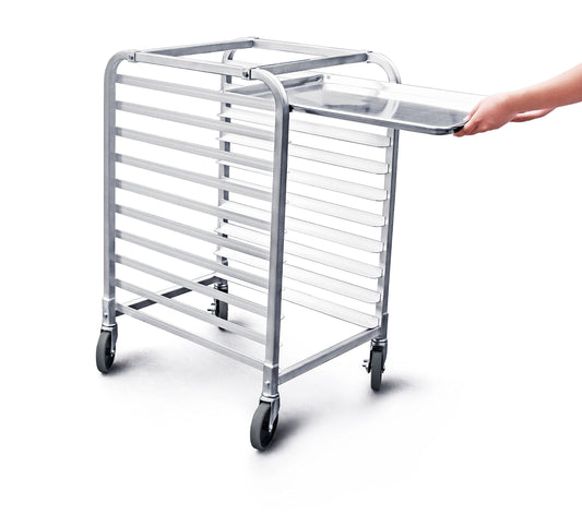 New Star Foodservice 36510 Commercial-Grade Aluminum 10-Tier Sheet Pan/Bun Pan Rack, 26" L x 20" W x 38" H with Brake Wheels Silver