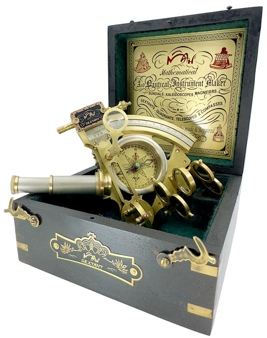 Brass Ship History Sextant Handmade Gift for Father's Day, Birthday, Anniversary, Baptism, Partner, Best Men, Graduation, Christmas, Vintage Style Hardwood Box Home Décor Add Your Treasure Gift