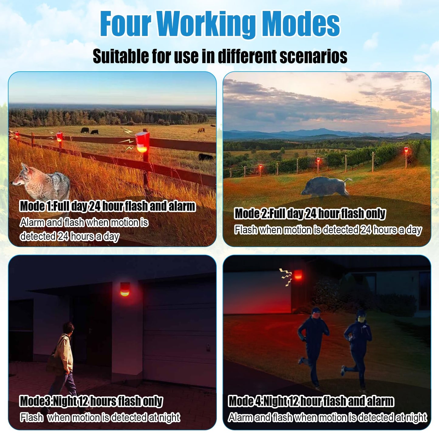 Qualirey Solar Sound and Light Alarm Motion Sensor 129db Outdoor Security Siren Waterproof Activated Detector Driveway Alarm 6 LEDs Flash Warning Deterrent Strobe System for Home, Farm(Red,8 Pack)
