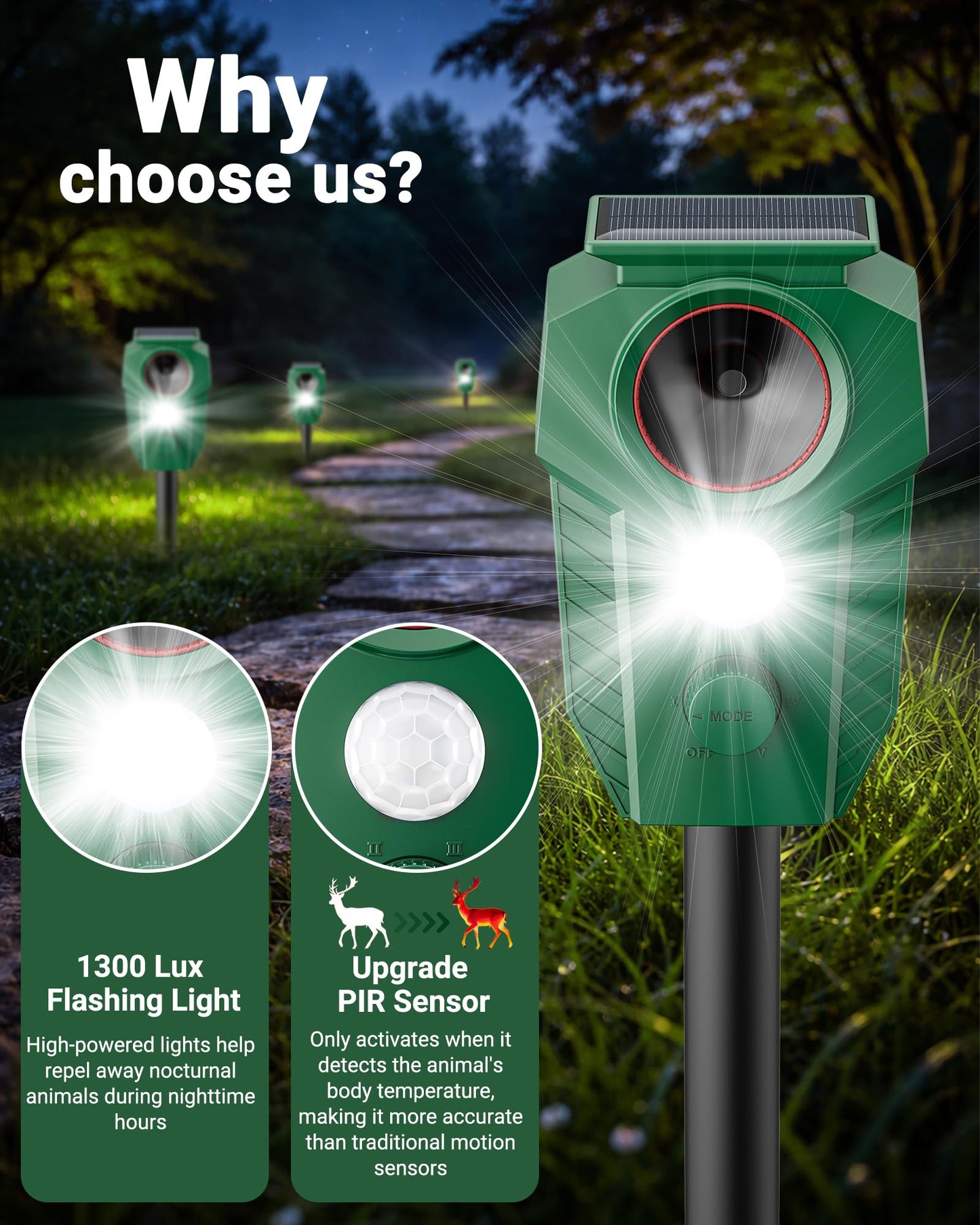 X-octenol Solar Ultrasonic Animal Repellent Outdoor - Deer Repellent Devices with Motion Sensor & Flashing Lights, Waterproof Deterrent for Yard Garden to Repel Cats, Squirrels, Raccoons
