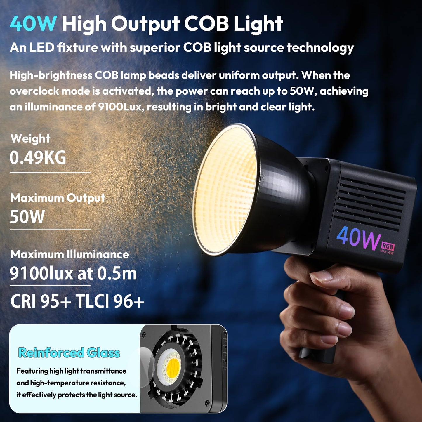 ULANZI 40W Pro RGB Portable LED Video Light w DC Power Adapter, 3400mAh Build-in Battery Metal Mini Adjustable Color Temperature COB Continuous Output Lighting Handheld Spotlight 2500K-6500K for Video