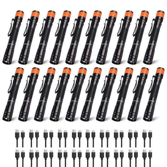 KunHe 180 Lumen LED Portable Rechargeable Pen Flashlight 20-Pack Waterproof Pocket Flash Light Single Mode Easy to Use with Clip Suitable for Inspection Camping and Daily Use