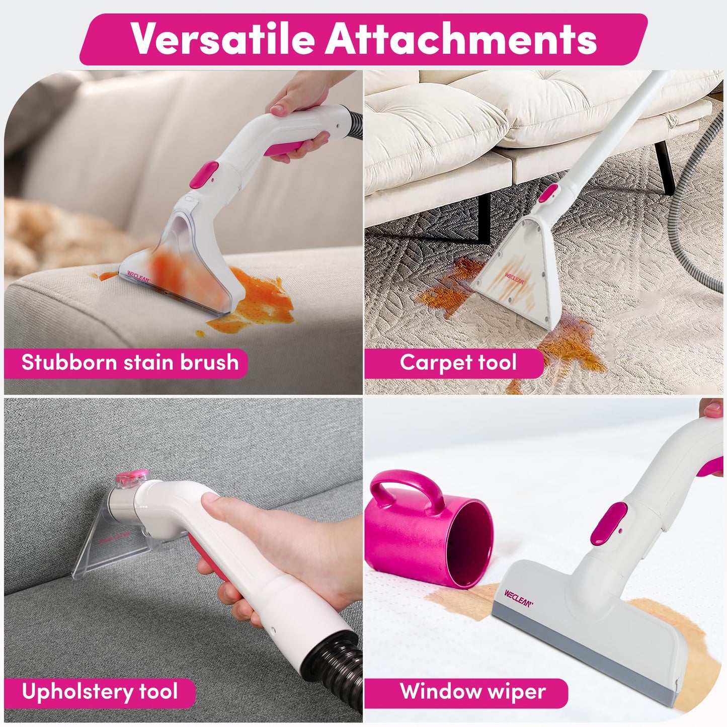 WECLEAN C4 Portable Carpet Cleaner Machine, Stand Up Upholstery Cleaner with 18KPa Powerful Suction, 800W Spot Cleaner for Pet Stains, Carpet, Rug, Couch and Car Interior, Dual Tank System, Pink