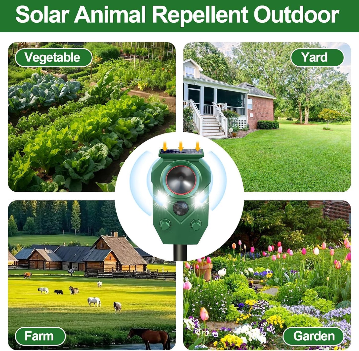 Ultrasonic Animal Repeller Outdoor - Cat Repellent & Deterrent with PIR Sensor & Flashing Light,Solar Powered Deer Repellent for Squirrel,Raccoon,Skunk,Rabbit,and Dogs,IP65 Waterproof （4 Pack）