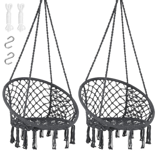 SUNCREAT Hammock Chair Hanging Macrame Swing with Hardware Kits, Max 330 Lbs, Handmade Knitted Mesh Rope Swing Chair for Indoor, Outdoor, Bedroom, Patio, Yard, Garden, Pack of 2, Grey
