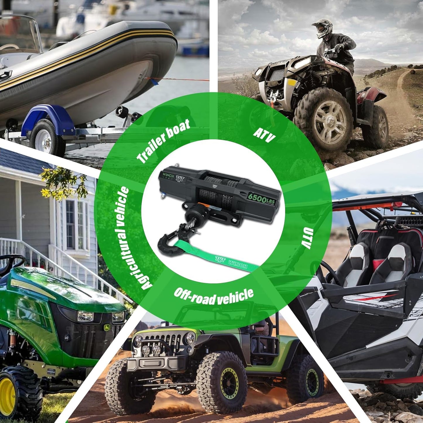 TYT 6500 lb UTV Winch with Wireless Remote and Wired Switch，12 Volt DC Electric Trailer Winch,1/4" x 50FT Synthetic Rope Winch with Rubber Stopper and Mounting Plate