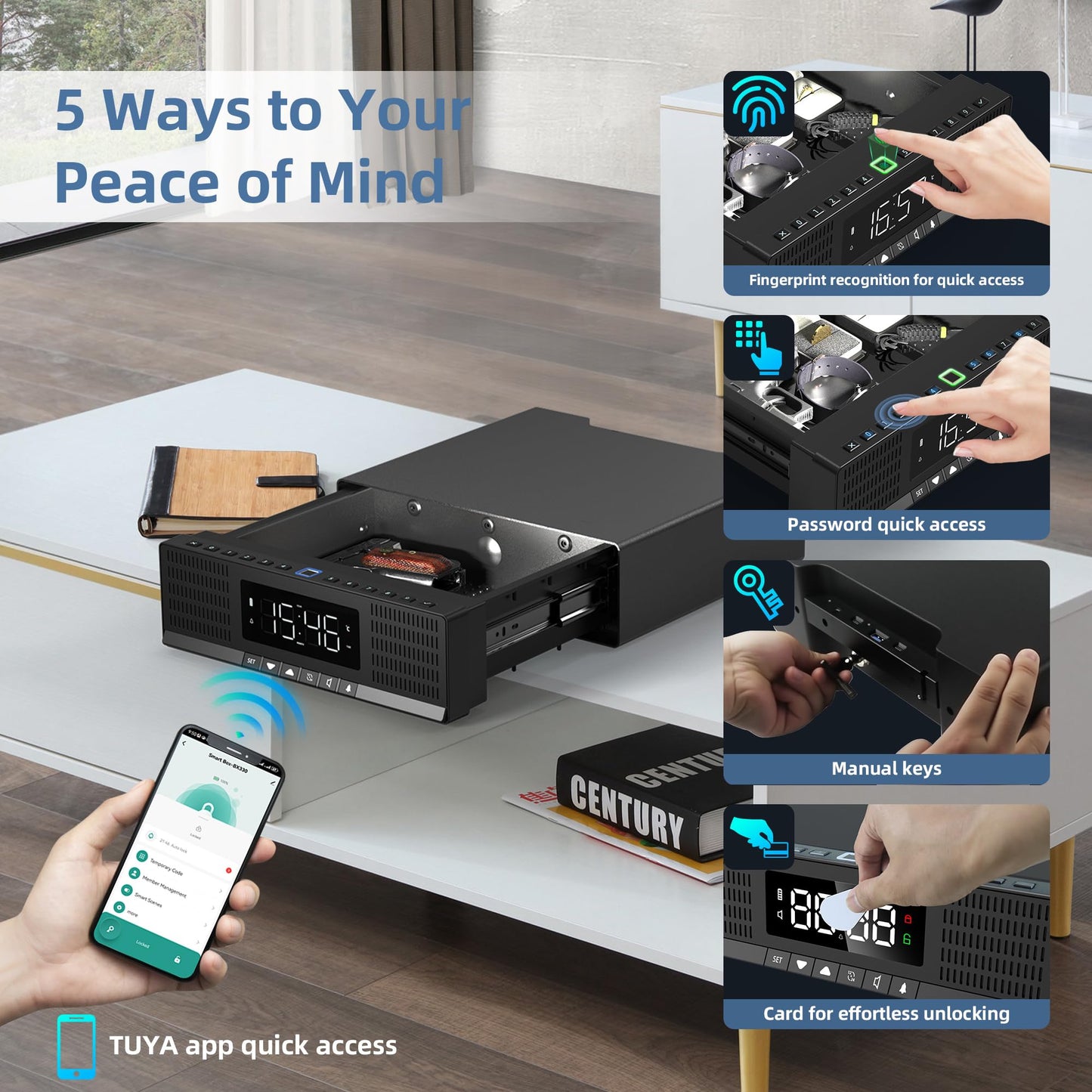 Medunor Smart Security Box, Biometric Fingerprint Safe for Handgun & Valuables, Portable Lock Box with Bluetooth, Anti-Theft Steel Cable, USB Charging, Digital Keypad, Hidden Audio Design