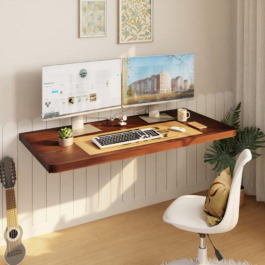 IAE Floating Wall Mounted Folding Table Desk with Pine Wood,36" x 22" Folding Workbench,Fold Down wall Mounted Foldable Table with Shelf Brackets,Laundry Folding Table for Apartment,Home,Kitchen,Brown