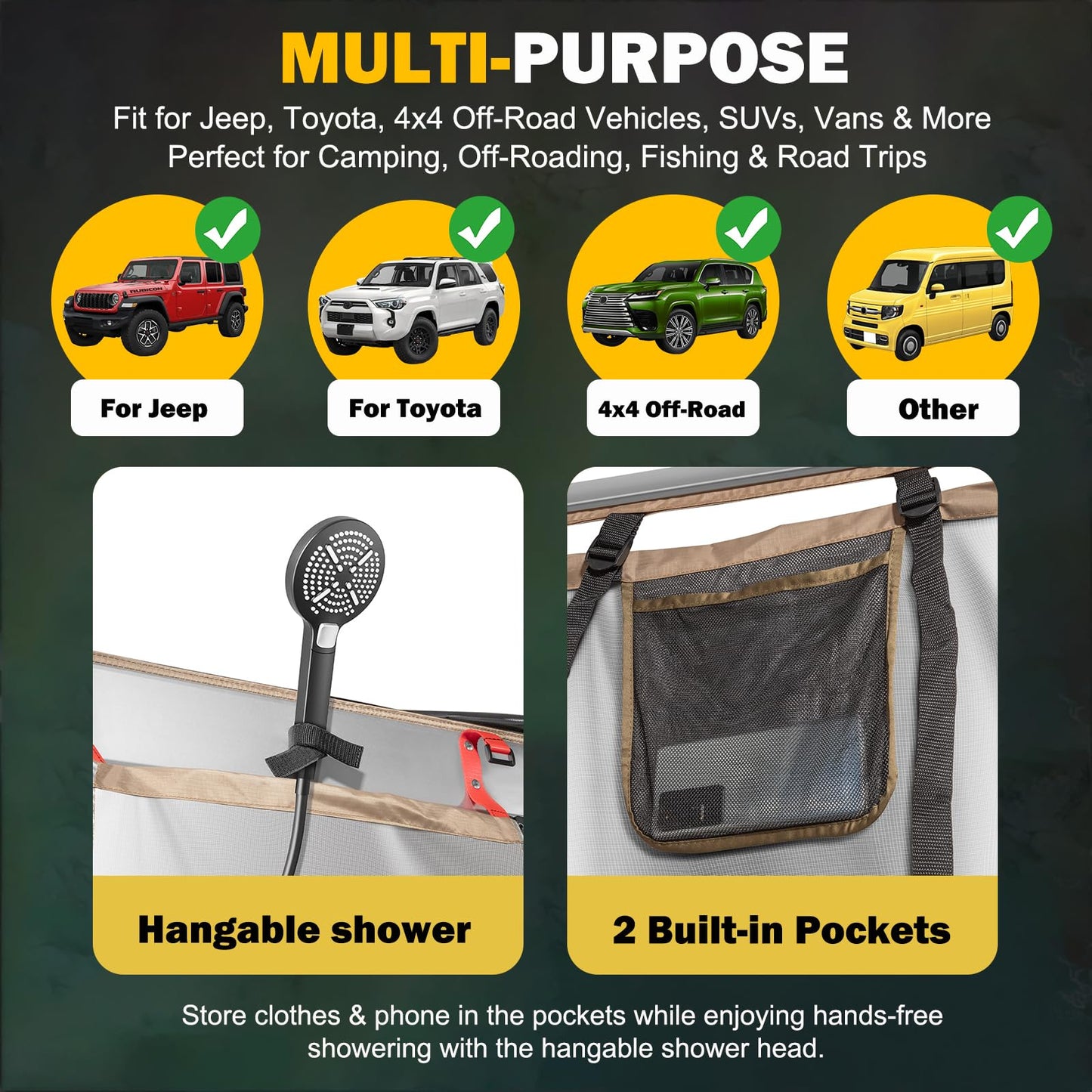 Fits for Jeep/Toyota Shower Tent Awning | 300D Ripstop Fabric,Instant Setup for 4x4 Overlanding & Boating - Aluminum Frame with Shower Head Holder - for Camping, Off-Roading, Fishing & Road Trips