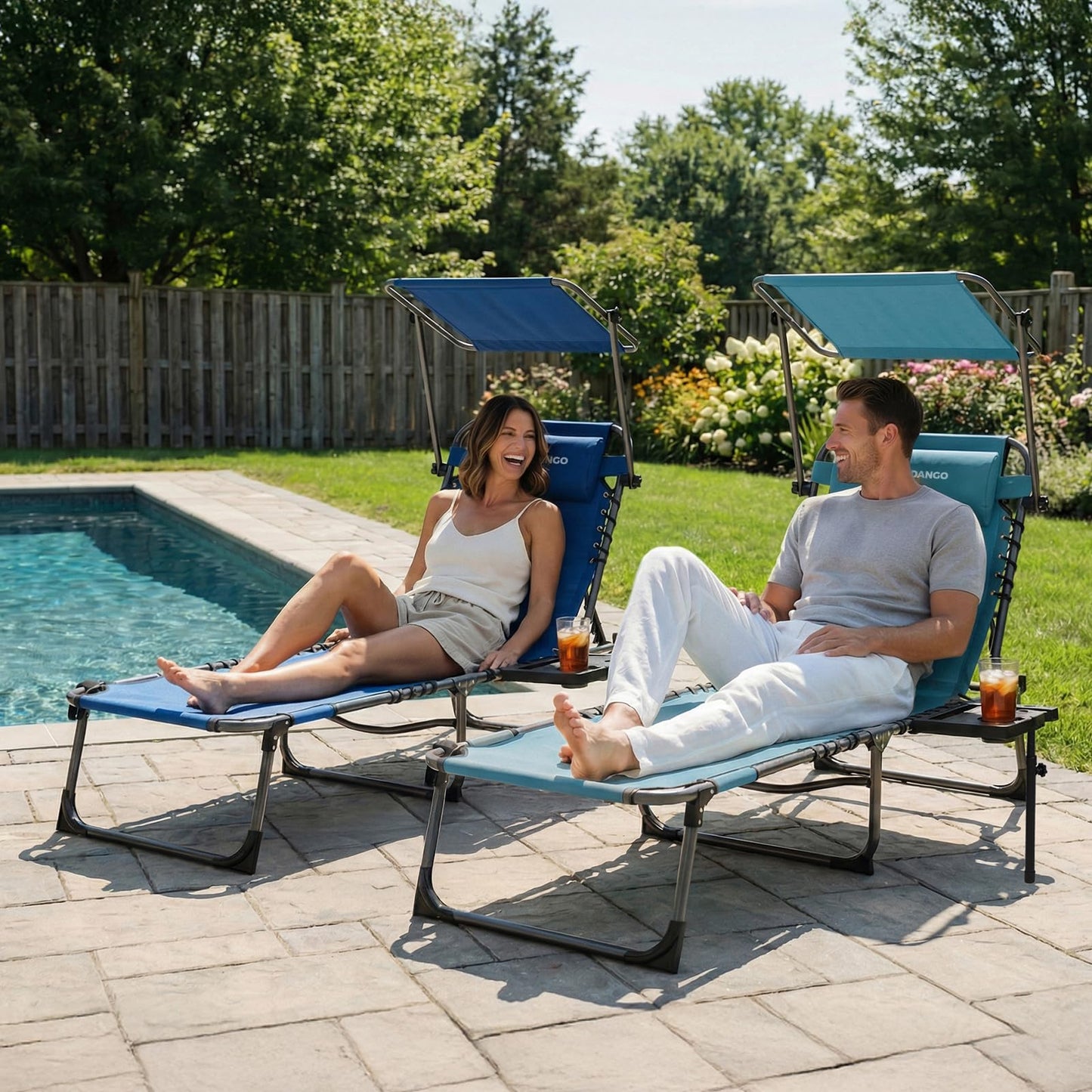 FUNDANGO 400lbs Tanning Chair with Face Hole & Canopy & Side Table, 5 Positions Beach Sunbathing Lounge Chair Facedown Chaise Lounge with Pillow for Pool Outdoor Camping Patio, Set of 2 Cyan