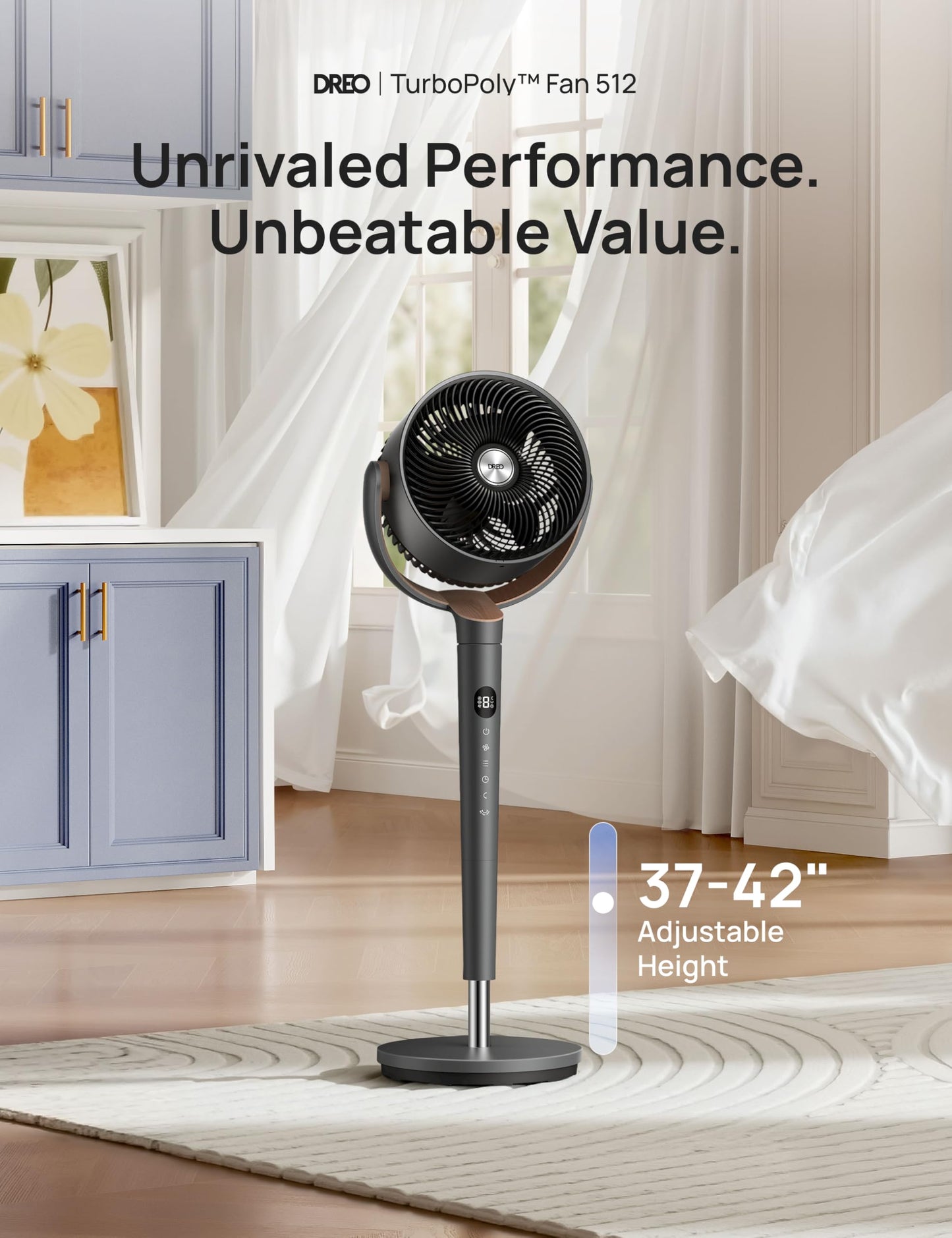 DREO Fan for Bedroom, 120° Oscillating Standing Fans, Quiet Floor Fan with DC Motor, 100ft Pedestal Fans for Room, 9 Speeds, 4 modes, 20dB, 120° Manual Vertical, 37-42" Adjustable Height, 9H Timer