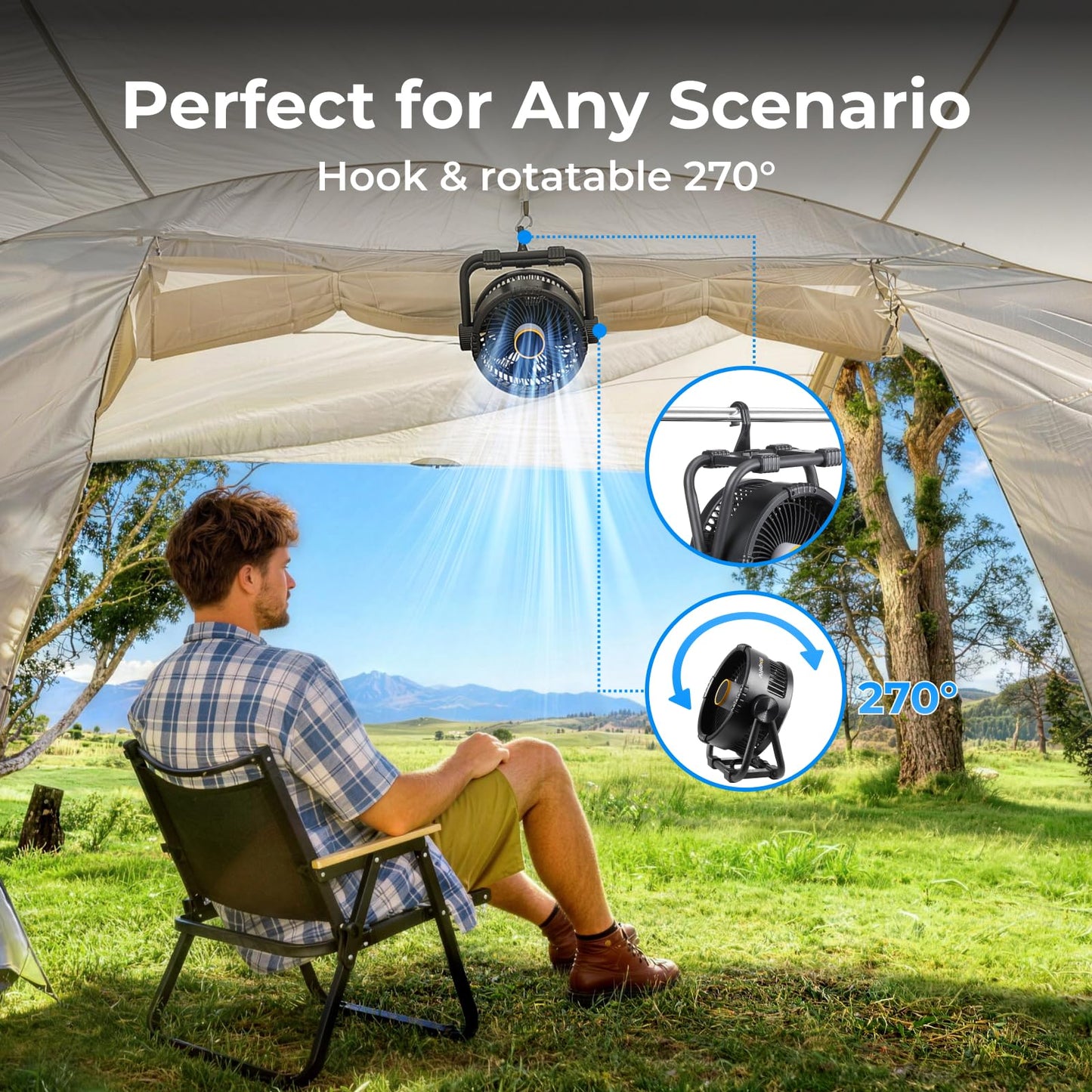 BougeRV Portable Fan Rechargeable, 20000mAh Battery Powered Fans with 4 Wind Speeds Hook Brighter Light LCD Display 270° Rotatable & Telescopic Camping Light, 15600mAh Rechargeable Lantern
