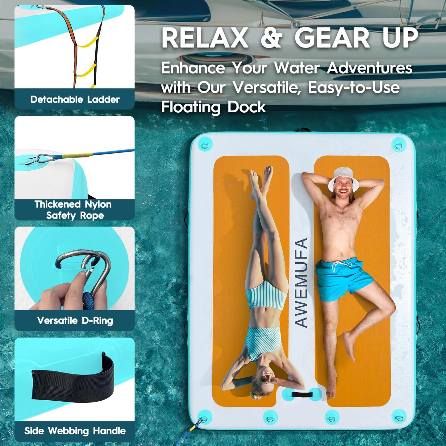 AWEMUFA 8ft x 6ft Inflatable Floating Dock, Inflatable Dock Floating Platform Non-Slip PVC Surface, Water Mat Floating Island Raft for Lake, Floating Dock Mat for Pool Beach Ocean