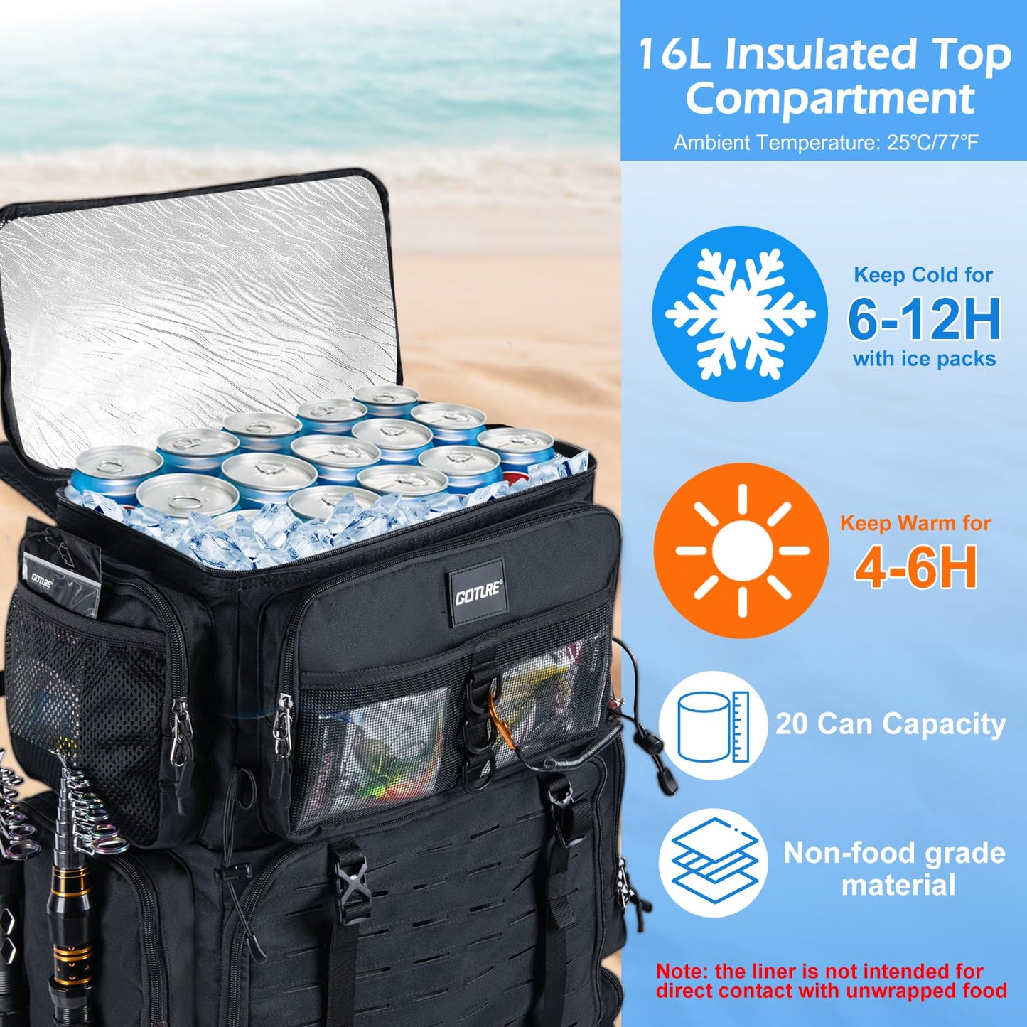 Goture Fishing Backpack with Cooler,72L Large 600D Tackle Backpack with Rod Holders,Dry & Wet Split Compartment,Adjustable Main Compartment,Rain Cover,Insulated Tactical Bag for Travel Camping Hiking