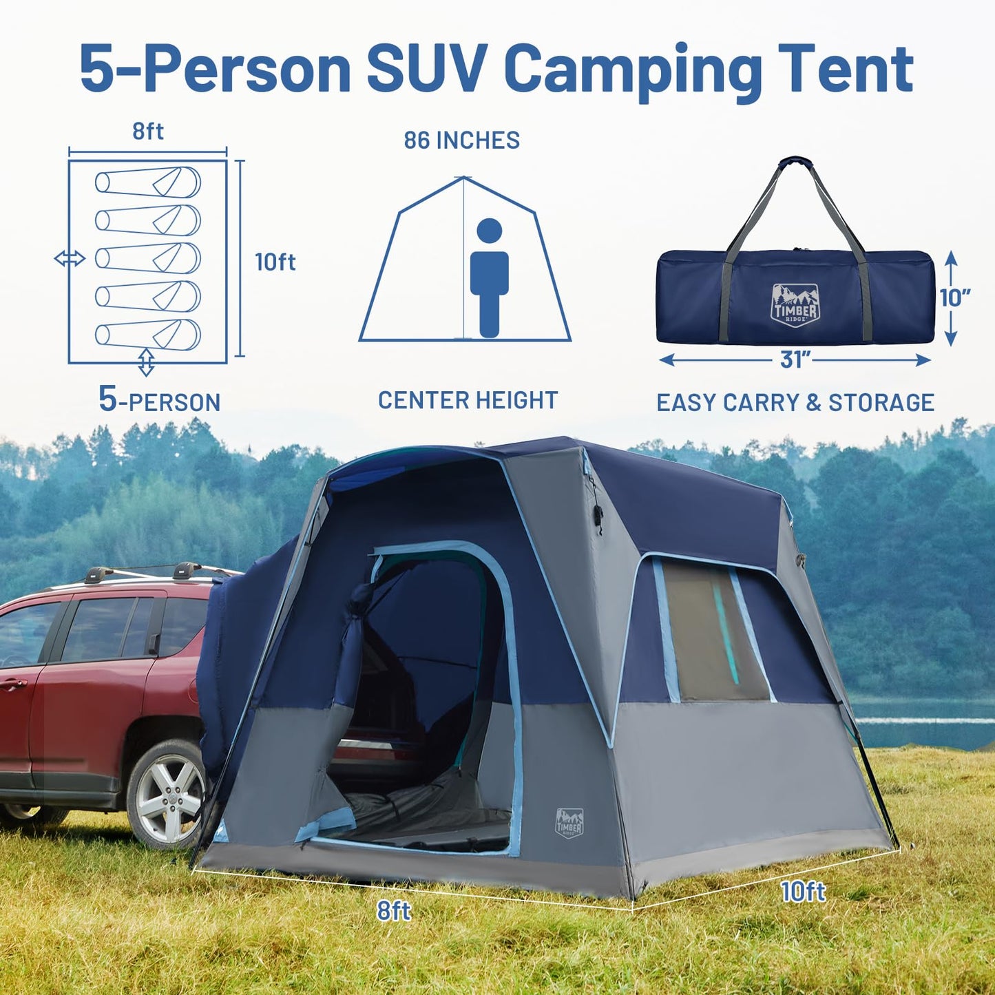 Timber Ridge 5 Person Truck-Bed-Tents SUV Camping Tent with Rainfly & Storage Bag 10' W X 8' L X 7.1' H Blue